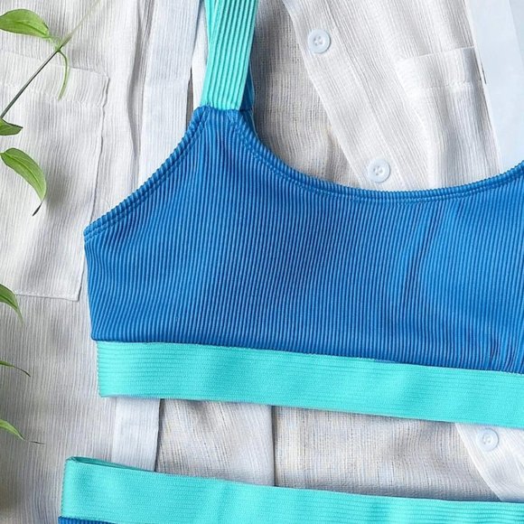 Ribbed Color Block 2pc High Waist Bikini Swimsuit Bathing Suit - Picture 5 of 7